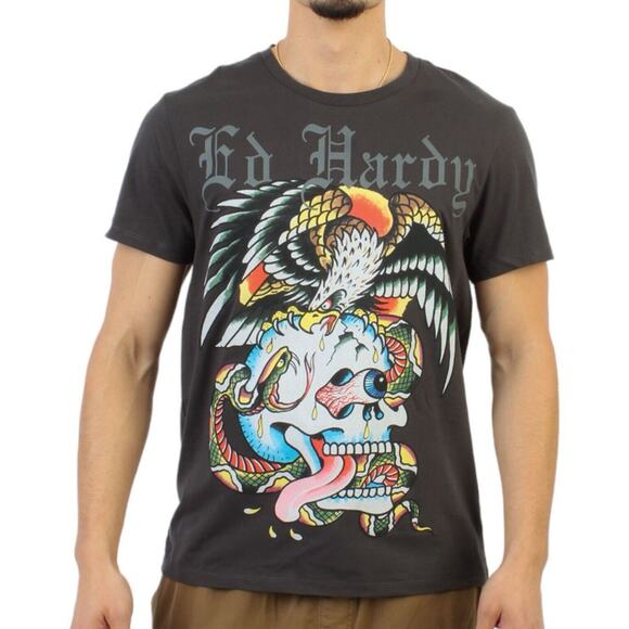 Ed Hardy T-Shirt Graphic Tattoo Black Eagle Skull Snake‎ Y2K Gray Men Sz Large - Picture 1 of 3